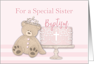 Sister Pink Baptism Cake Teddy Bear and Tiara card