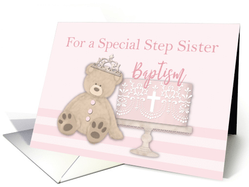Step Sister Pink Baptism Cake Teddy Bear and Tiara card (1594728)