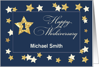 Custom Name First Employee Workiversary Navy Gold Effect Stars card