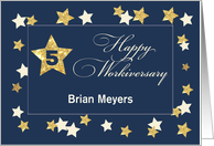 Custom Name Fifth 5 Employee Workiversary Navy Gold Effect Stars card