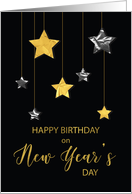 Birthday on New Years Day Gold and Silver Looking Stars on Black card