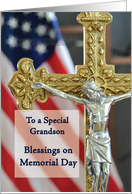 Grandson Memorial Day Blessings with Cross and Flag card