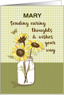 Custom Name Caring Thoughts with Sunflowers in Mason Jar card