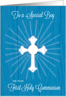 Boy First Communion Cross and Rays on Blue Wood card