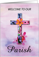Welcome to Our Parish Cross Watercolor Flowers card
