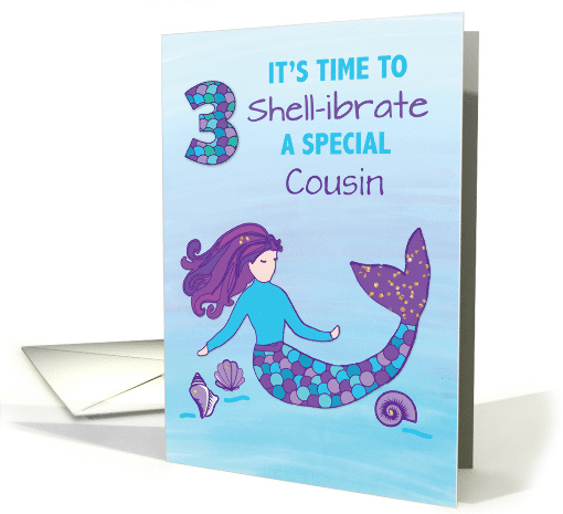 Custom Relation Cousin 3rd Birthday Sparkly Look Mermaid card