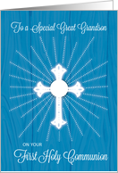 Great Grandson First Communion Cross and Rays on Blue Wood card
