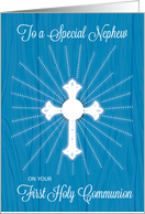Nephew First Communion Cross and Rays on Blue Wood card