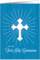 First Communion Cross and Rays on Blue Wood card