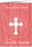 Friend First Communion Cross and Rays on Pink Wood card