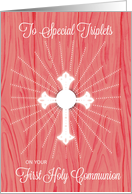 Triplets First Communion Cross and Rays on Pink Wood card