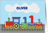 1st Birthday Personalized Name Oliver Colorful Train on Track card