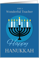 For Teacher Hanukkah Menorah on Dark Blue card