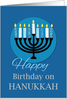 Birthday on Hanukkah Menorah on Dark Blue card