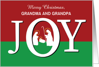 Christmas Grandma and Grandpa Custom Relation JOY on Red and Green Nativity card
