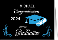 Custom Name Year 2024 Graduation Congratulations Blue Cap and Diploma card