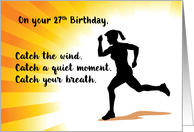 27th Birthday Woman Running with Sunburst Background card