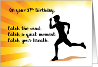 27th Birthday Man Running with Sunburst Background card