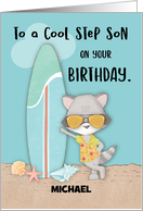 Custom Name Step Son Birthday Beach Funny Cool Raccoon in Sunglasses card