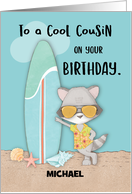 Custom Name Cousin Birthday Beach Funny Cool Raccoon in Sunglasses card