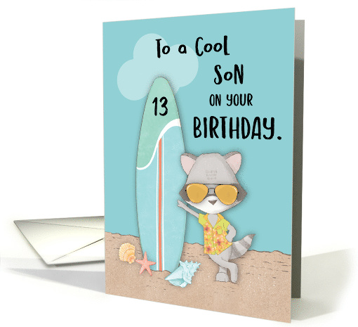 Age 13 Son Birthday Beach Funny Cool Raccoon in Sunglasses card