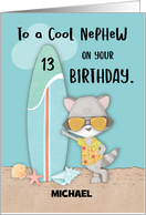 Custom Name Age 13 Nephew Birthday Beach Funny Cool Raccoon card