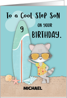Custom Name Age 9 Step Son Birthday Beach Funny Cool Raccoon card