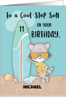 Custom Name Age 11 Step Son Birthday Beach Funny Cool Raccoon card