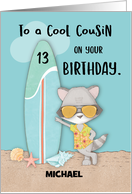 Custom Name Age 13 Cousin Birthday Beach Funny Cool Raccoon Sunglasses card