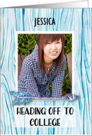 Heading to College Custom Name Photo on Teal Blue Wood with Arrow card