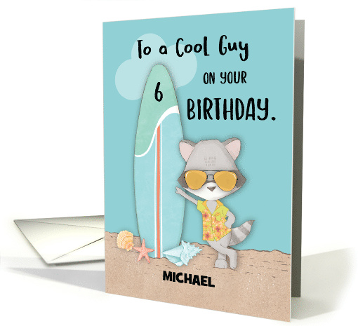 Custom Name Age 6 Guy Birthday Beach Funny Cool Raccoon... (1697330)