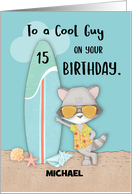 Custom Name Age 15 Guy Birthday Beach Funny Cool Raccoon in Sunglasses card