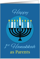 As Parents First Hanukkah Menorah on Dark Blue card