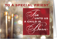 Priest Christmas Candles Child is Born Red Gold card