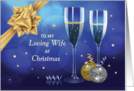 To Wife at Christmas Champagne and Gold Look Bow on Blue card