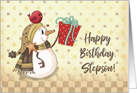 Stepson Birthday Bird on Snowman with Present card