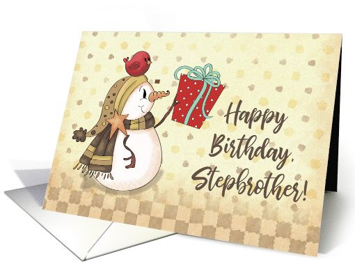 Stepbrother Birthday Bird on Snowman with Present card (1712772)