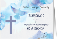 Custom Name Bishop Ordination Anniversary Blessings Purple Cross Blue card