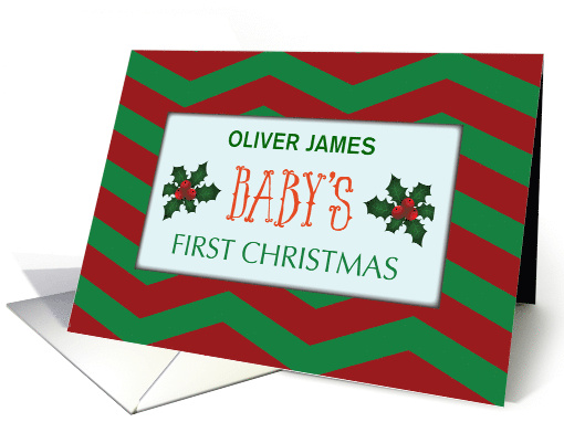 Babys First Christmas Customize Name on Red Green Chevron Stripes card