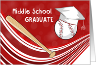 Middle School Graduation Baseball Bat and Hat on Red card