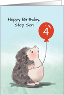 Step Son 4th Birthday Cute Hedgehog with Balloon card