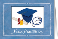 Nurse Practitioner Graduate Cap Diploma Stethoscope on Blue card