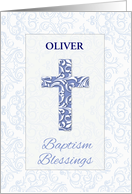 Boy Customizable Name Baptism Blessings Blue Cross Damask with Swirls card