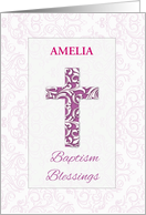 Girl Customizable Name Baptism Blessings Pink Cross with Swirls card