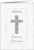 Custom Name Baptism Blessings Gray and Silver Look Cross with Swirls card