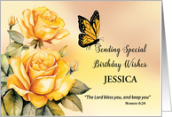 Religious Customize Name Birthday Yellow Roses with Monarch Butterfly card