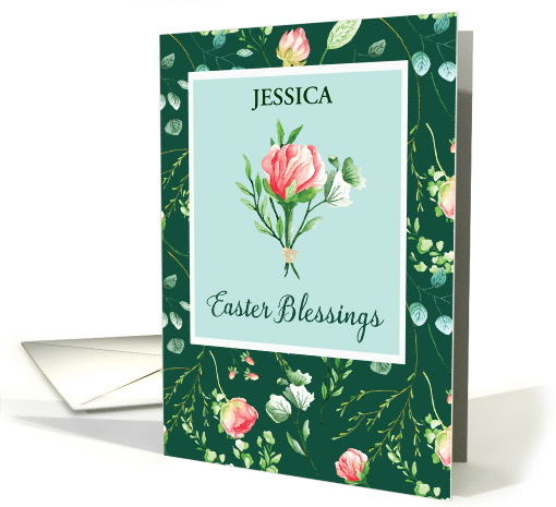 Easter Blessings Customizable Name with Florals on Dark Green card