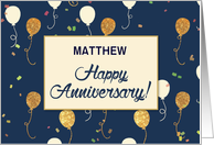 Custom Name Employee Anniversary with Gold Look Balloons on Navy Blue card