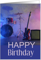 Happy Birthday Rock and Roll with Drums Cymbals Guitar and Amp card