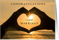 Congratulations on Your Marriage with Hands Heart at Sunset on Beach card
